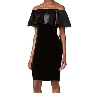 Adrianna Papell Cocktail Dress 14 Velvet Off Shoulder Satin Ruffle Flounce Black